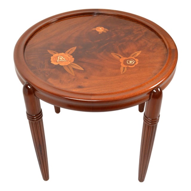 1930s Art Deco French Jules Leleu Style Round Inlaid Mahagony Coffee Table Tapered Legs For Sale