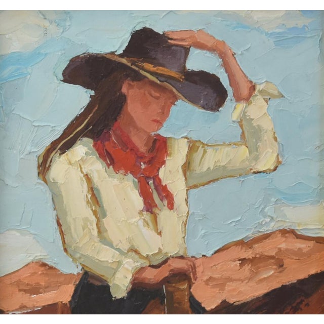 Farmhouse Impressionist Western Cowgirl & Horse Painting Including the Antiqued Gold Wood Frame For Sale - Image 3 of 5