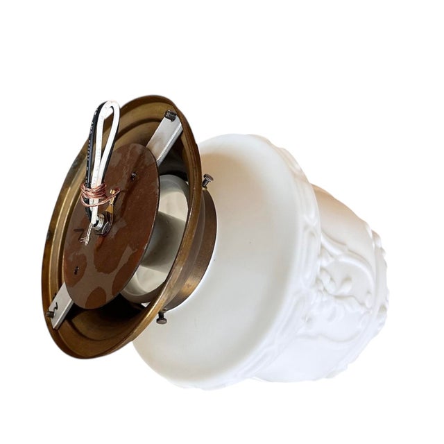 American Floral Motif Embossed Cast Glass Shade on Original Brass Holder, Circa 1920 For Sale - Image 3 of 5