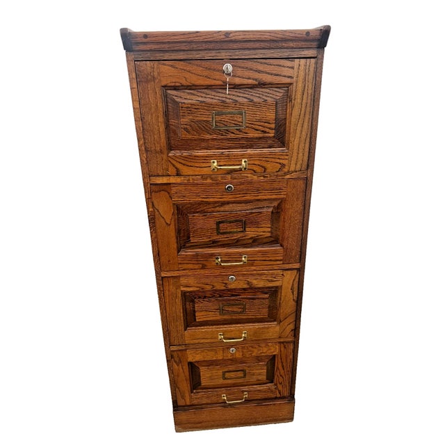 Arts & Crafts Vintage Dark Tiger Oak File Cabinet Four Locking Drawers, Paneled Sides Legal For Sale - Image 3 of 11