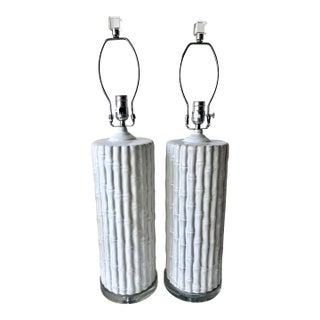 Ceramic Bamboo Table Lamps-Glass Bases & Finials-Set 2 For Sale