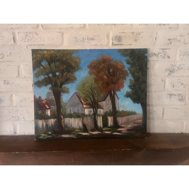 Paint Original Signed Landscape Oil Painting Autumn Village Trees Country Scene For Sale - Image 7 of 8