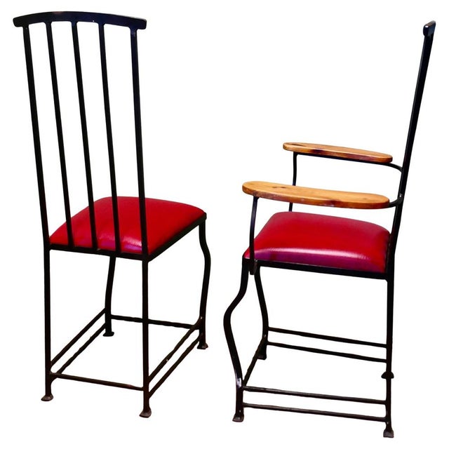 Set of 6 Designer High Back Strap-work Iron Dining Chairs The Chairs, 2 carver chairs with wide pine arm rests and a...