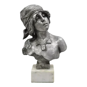 Early 20th Century Antique Emmanuel Villanis "Saida" Pewter Clad Female Bust Sculpture Statue