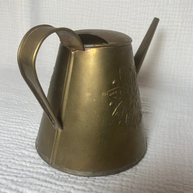 Mid 20th Century Brass Conical Watering Can With Long Spout & Floral Relief - Made in India For Sale - Image 9 of 12