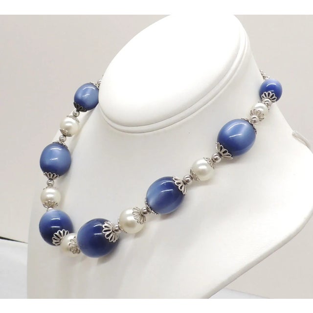 Napier Vintage 1950s Signed Napier Rhodium Plated Blue Moonglow & Faux-Pearl Necklace For Sale - Image 4 of 6