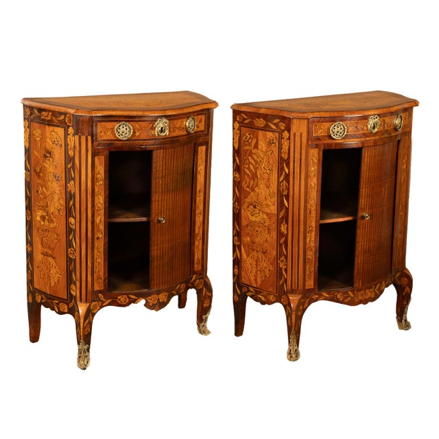French Pair Antique 18thC French Louis XV Inlaid Marquetry Ormolu Tambour Cabinets 1780 For Sale - Image 3 of 18
