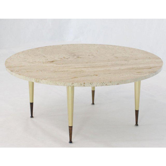 Italian Modern Round Travertine Top Coffee Table On Tapered Metal