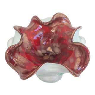 Gold Fleck Red and White Murano Bowl For Sale