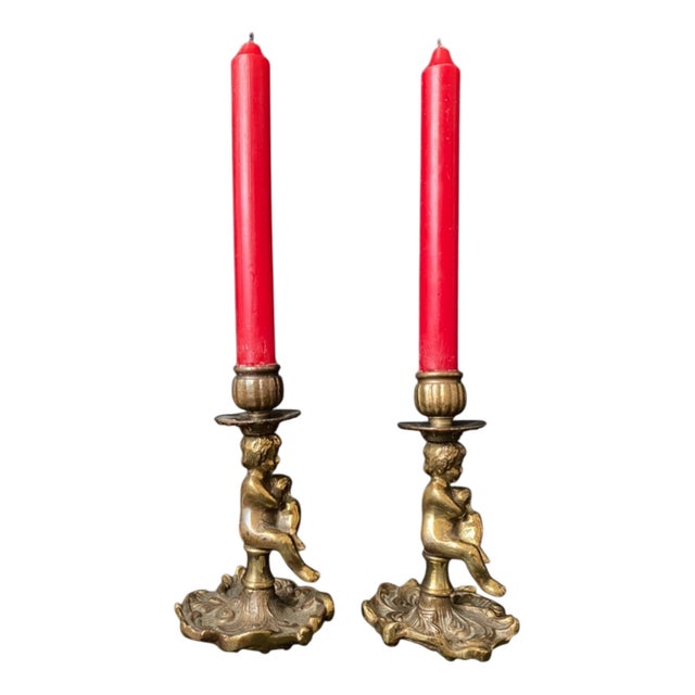 Antique Candlesticks with Putti, 1950s, Set of 2 For Sale