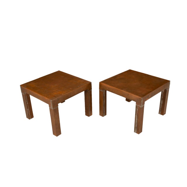 1970s Parsons Style Square Copper Cladded Low Side Accent Tables - A Pair For Sale - Image 4 of 11