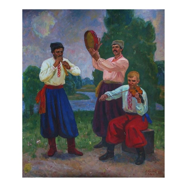 Soviet Ukrainian Oil Painting: Musicians, Family Holiday, 1988 200-170 For Sale