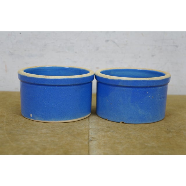 2 Vintage Blue Stoneware Pottery Butter Crock Pots Planter Jars 5" For Sale - Image 4 of 10