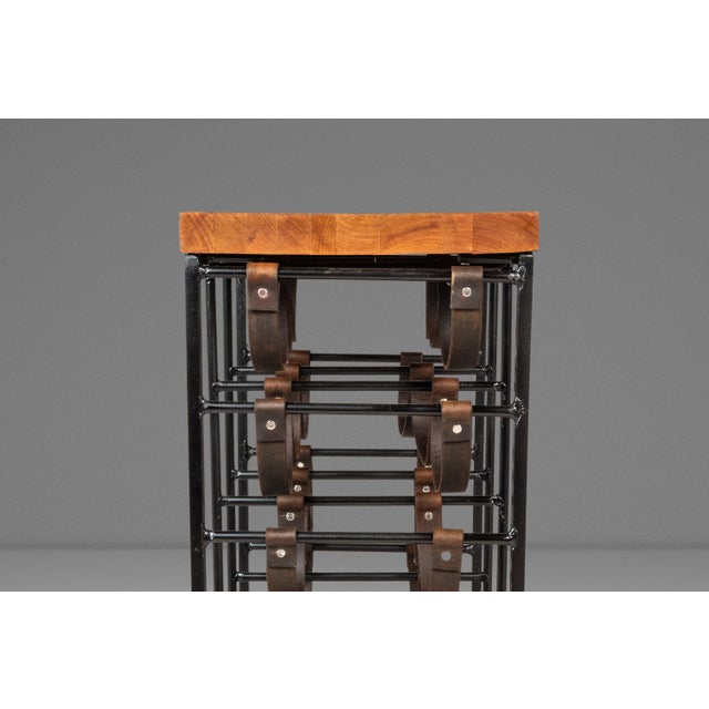 Mid-Century Modern 21 Bottle Wine Rack in Leather & Wrought Iron W/ Butcher Block Top Attributed to Arthur Umanoff, Usa, C. 1960s For Sale - Image 9 of 18
