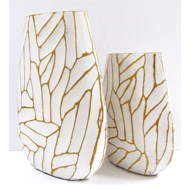 Contemporary Pair of Currey & Company Cast Aluminum Anika White With Gold Accent Vases For Sale - Image 3 of 11