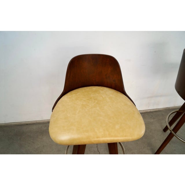 Tan 1960’s Mid-Century Modern Walnut & Leather Bar Stools - A Pair For Sale - Image 8 of 12