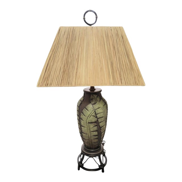 1990s Tropical Banana Leaf Iron Base Regency Raffia Shade Table Lamp For Sale