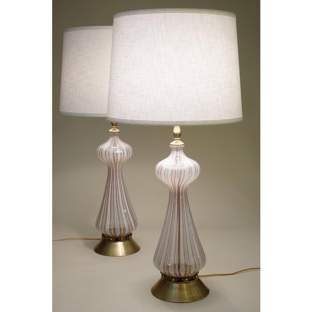 Pink 1960 Large White & Pink Barovier Toso Murano Italy Latticino Blown Art Glass Brass Table Lamps - a Pair For Sale - Image 8 of 13