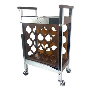 1970s Mid-Century 12 Bottle Wine Rolling Bar Cart in Chrome and Faux Wood For Sale