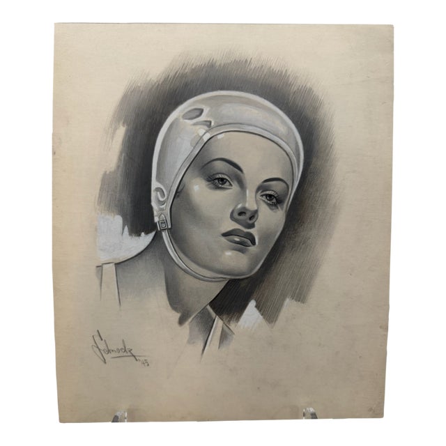 1950s Original Signed Graphite Illustration of Woman in Bathing Cap, 10.75 X 9 In. For Sale
