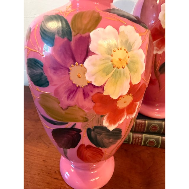 Large, Hand Painted, Pair of Bristol Glass Vases, Late 1800s For Sale - Image 4 of 8
