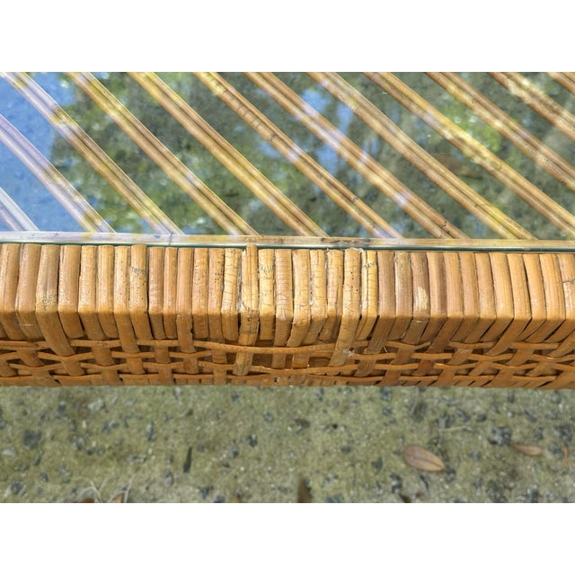 Wood Woven Rattan Coffee Table With Glass Top Over Chevron Pattern For Sale - Image 7 of 12