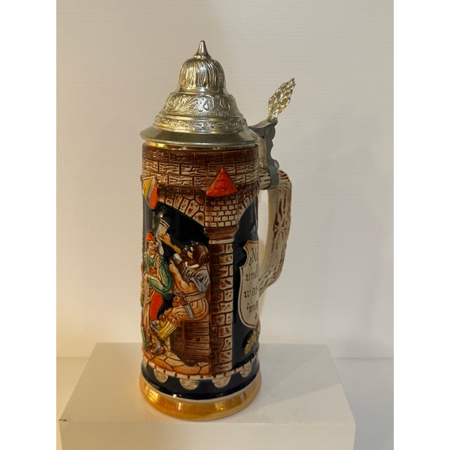 Blue Vintage Gerz West Germany Medieval Relief Beer Stein With Pewter Lid – 9.5” For Sale - Image 8 of 12