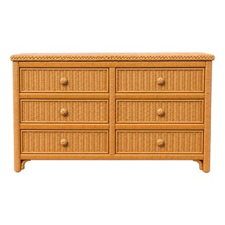 Vintage Henry Link Wicker Six-Drawer Dresser – Honey-Tan Rattan For Sale