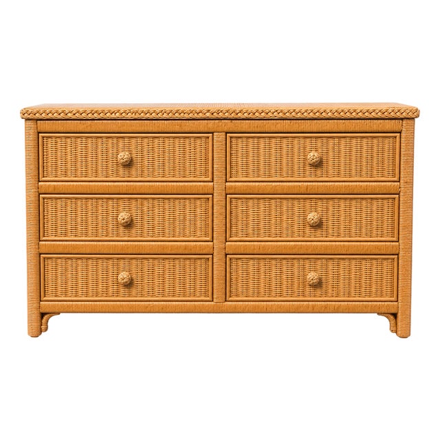 Vintage Henry Link Wicker Six-Drawer Dresser – Honey-Tan Rattan For Sale