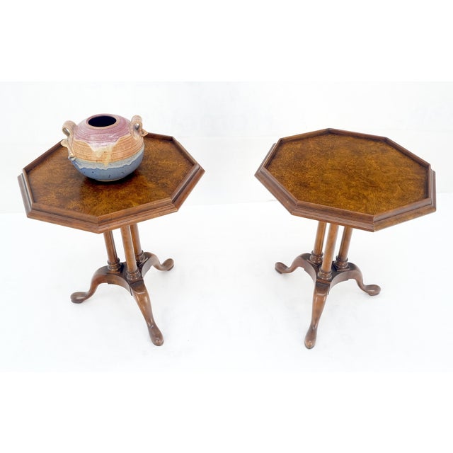 Brown Pair Gallery Burl Wood Top Tripod Bases Side End Occasional Lamp Tables Stands For Sale - Image 8 of 14