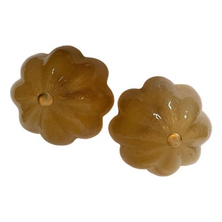 1980s Mid-Century Modern Golden Murano Glass Floral Flush Lamps - a Pair For Sale