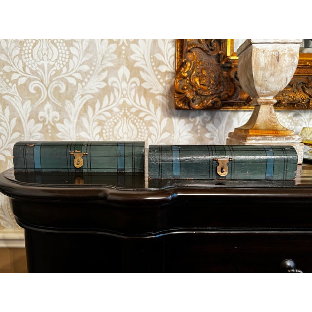 Mid 20th Century Pair of Vintage Traditional Scottish Tartan Plaid Painted Wood and Brass Arched Lidded Boxes, Blue & Green For Sale - Image 5 of 12
