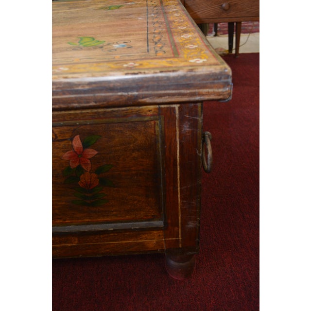 1980s Hand Painted Color Florals Large Wooden Trunk Box / Coffee Table W/Iron Rings For Sale - Image 12 of 13