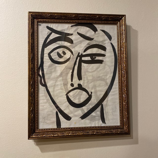 Abstract 1970s Peter Keil Original Black & White Abstract Portrait Painting, Framed For Sale - Image 3 of 10