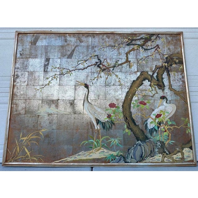 1920s Large Japanese Chinoiserie Crane Painting on Wood Panel W/ Silver, Gold, & Copper Leaf — Art Deco Framed For Sale - Image 17 of 18