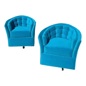 Pair of Swivel Barrel Club Chairs Velvet Mohair Teal Blue 1960s