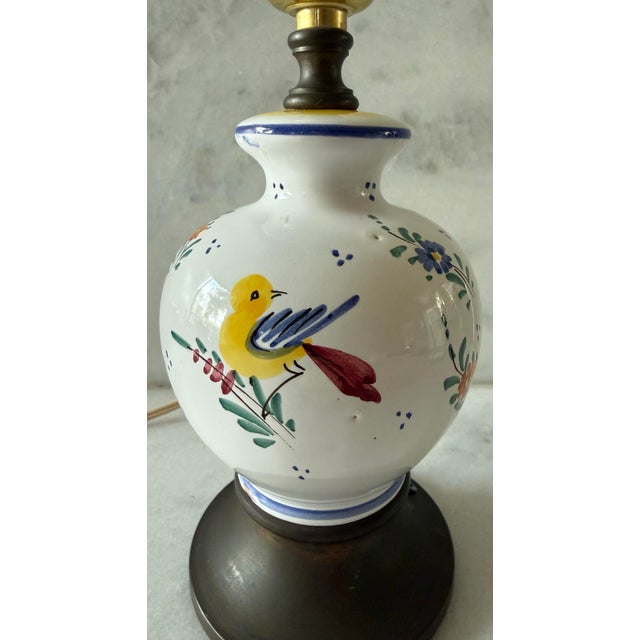 Vintage Faience Small Table Lamp With Hand Painted Birds For Sale - Image 9 of 11