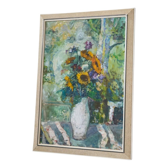 Sunflowers in White Vase, Oil on Canvas, 1940s For Sale