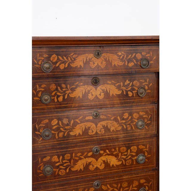 Wood Antique Dutch Marquetry Chest Drawers Tall Boy Inlay (C. 1820) For Sale - Image 7 of 15