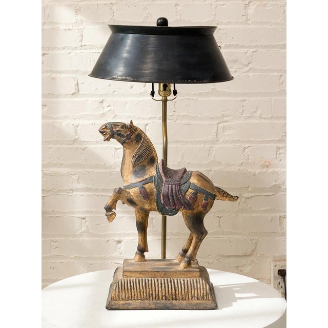 Vintage Equestrian Horse Table Lamp With Black Shade For Sale - Image 4 of 9