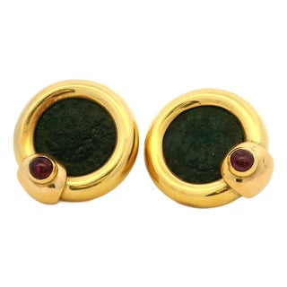 Vintage 18k Gold Coin Earrings With Cabochon Rubies, A Pair For Sale