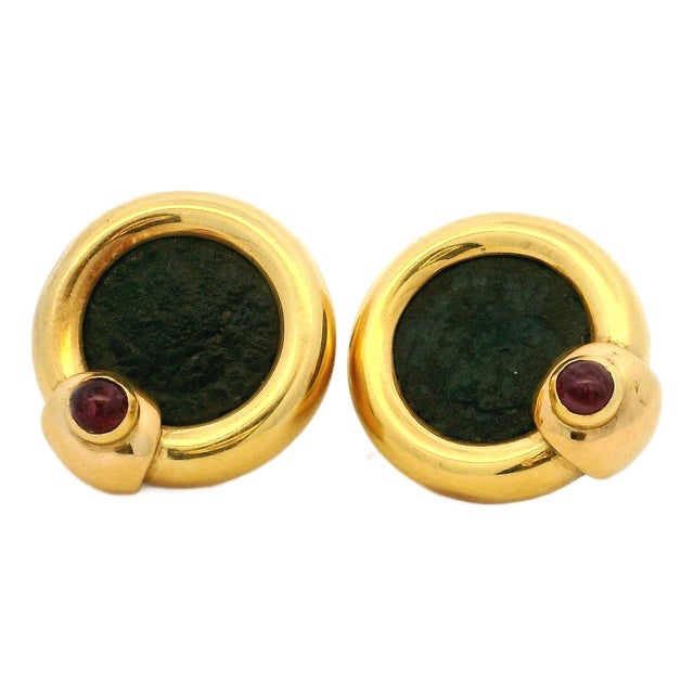 Vintage 18k Gold Coin Earrings With Cabochon Rubies, A Pair For Sale