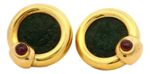 Vintage 18k Gold Coin Earrings With Cabochon Rubies, A Pair