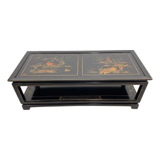 Chinoiserie Chinese Black Lacquered Hand Painted Coffee Table For Sale