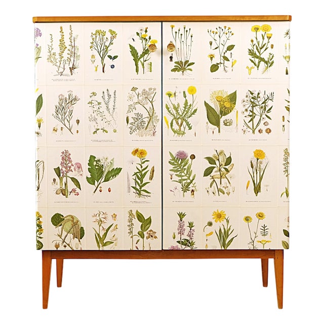 Vintage Cabinet with Illustrations Nordens Flora by C.A.M Lindman, 1950s For Sale