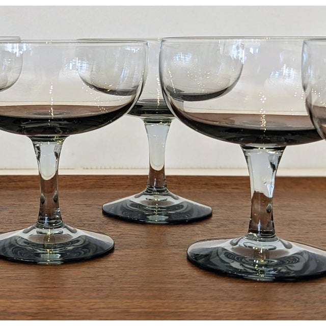 Mid-Century Modern 1960s Russel Wright Granite Coupe | Morgantown Smoked Glass Mid-Century - Set of 9 For Sale - Image 3 of 11