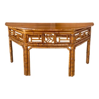 Vintage Bamboo Chinese Style Demi-Lune Center Table With Open Fretwork Design For Sale
