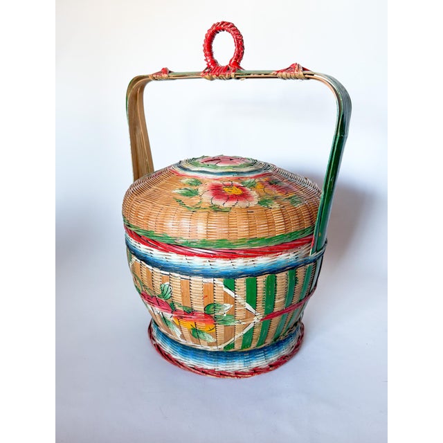Wood Vintage Folk Art Chinese Wedding Basket, Hand Painted For Sale - Image 7 of 12