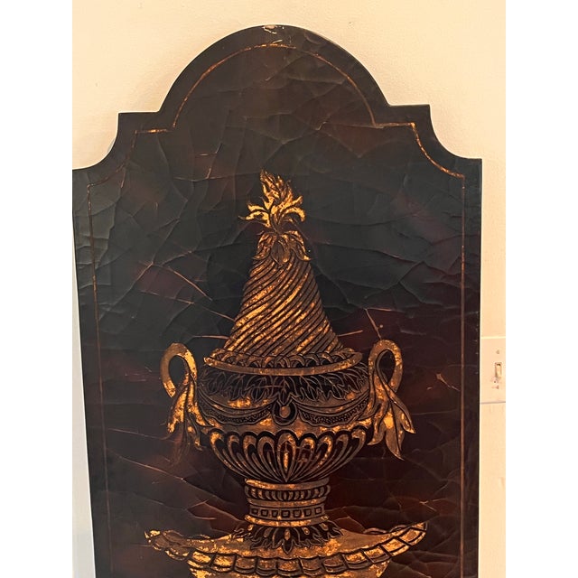 Vintage Monumental Empire Revival Black Lacquer & Gilt Urn Wall Panels – Pair For Sale In West Palm - Image 6 of 8