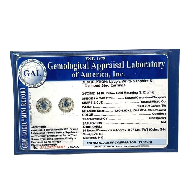 Natural White Sapphire Diamond Stud Earrings 14k Yellow Gold 0.97 TCW Certified For Sale - Image 11 of 11